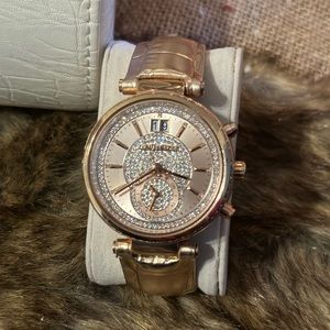 Women’s Michael Kors Sawyer Rose Gold-Tone and Leather Watch